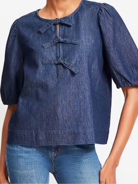 NWT LOFT Dark Blue Denim Bow-Tie Puff Sleeve Blouse sz XL chambray